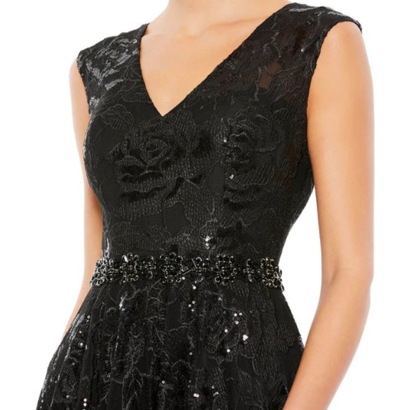 MAC DUGGAL 12413 EMBROIDERED EMBELLISHED WAIST CAP SLEEVE A-LINE BLACK GOWN 16 - Picture 4 of 7